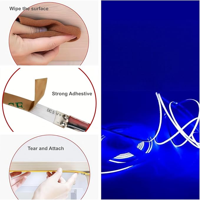 3mm Ultra-Narrow 5V USB COB LED Strip Self-Adhesive for Cabinet Gap Gaming Desk Decor (Blue, 5ft) - Image 3