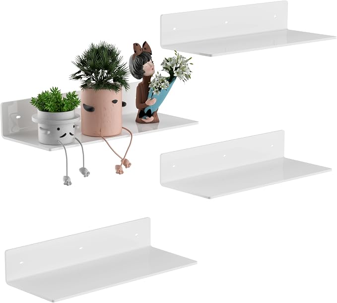 12 Inches White Acrylic Wall Shelves Set of 4, Wall Mounted Shelves Moel Car, Candle, Calendar, Towel, Tissue, Doll, 2 Pack by HEXSONHOMA