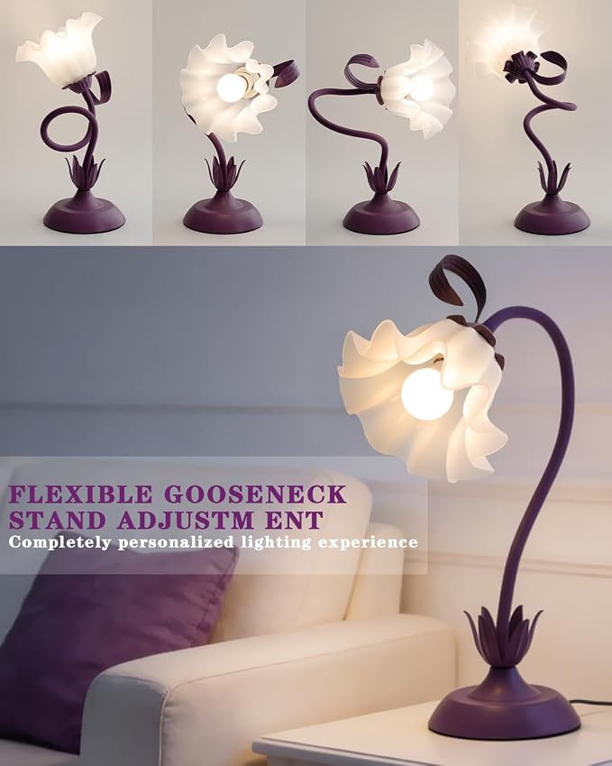 WERFOP Flower Table Lamp, LED Reading Light Vintage Bedside Table Lamp with 3 Color Modes for Nightstand, Kawaii Decoration for Home Bedroom Living Room (Purple) - Image 4