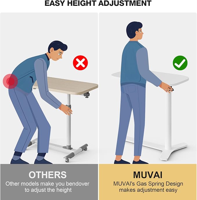 Muvai Overbed Bedside Table with Hidden Casters,30 Inches Adjustable Height Pneumatic Mobile Laptop Standing Desk, Rolling Computer Table for Home & Hospital Use ，White 30" W x 17.7" D - Image 8
