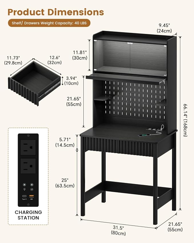 HNEBC Black Computer Desk - with Power Outlets & Chariging Station,Small Writing Desk with Hutch and Drawers,66.3''H Office Desk with Pull-Out LED Lights,Pop-up Glass Door,Pegboards,Bedroom - Image 2