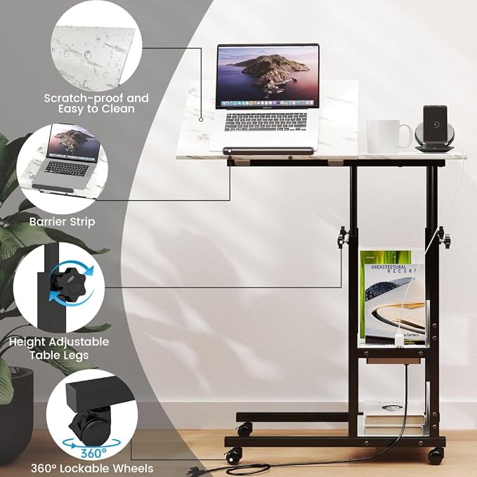 Hadulcet Adjustable C Table with Charging Station, Tiltable Desk C Shaped End Table for Couch, Over Bed Table with Wheels Adjustable Height, Hospital Table Laptop Stand Drawing Desk, Marble White - Image 7