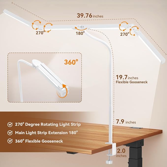 Pzloz Led Desk Lamp with Clamp: Architect Desk Lamp for Home Office, Eye Caring Double Head Computer Monitor Work Desk Light with Remote Control - 24W Flexible Dimmable Desktop Table Lamp White - Image 7