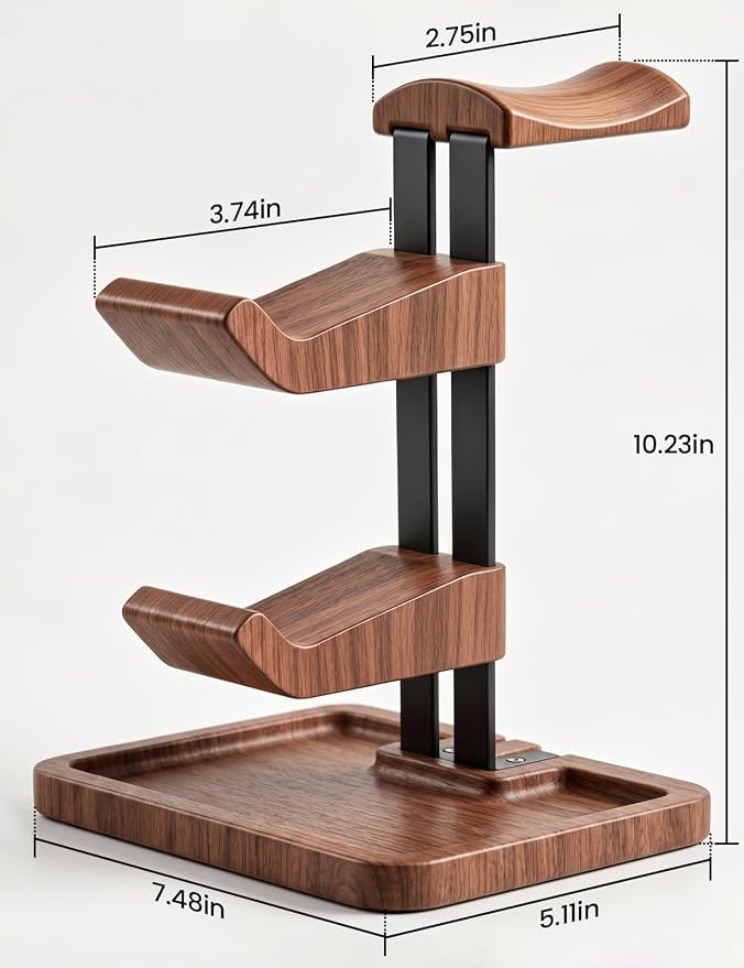 LOXP Walnut Headphone and Controller Stand, 2-in-1 Holder with Storage | Solid Wood Gaming Headphone Stand, Built-in Storage, Non-Slip, Fits Xbox PS5 Switch Controllers, Desktop Organizer for Gamers - Image 8