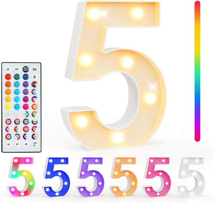Pooqla Colorful Lighted Numbers with Remote, 35 Colors Light Up Numbers for Party, RGB LED Marquee Number Lights Gift for 5th Birthday Decorations, Wedding, Bar, Night Light, Home Decor, Number 5 by Pooqla