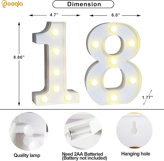 Pooqla 18th Birthday Decoration for Girls Boys, Decorative LED Light Up Numbers, Marquee Numbers 18 Sign for Party Backdrop 18th Wedding Anniversary Decor, Warm White and Cool White Number 18 - Image 5