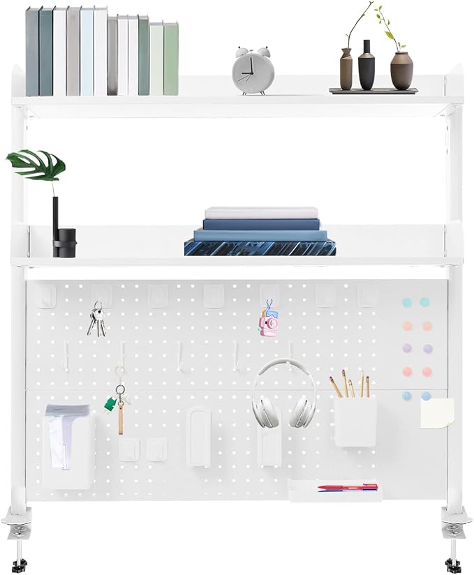 Desk Pegboard, Clamp On Desk Organizer Shelf, Desktop Bookshelf Storage Shelves, Privacy Panel for Home Office Dorm Gaming Desk, Carbon Steel, 39.4" x 37.4", White by banborba