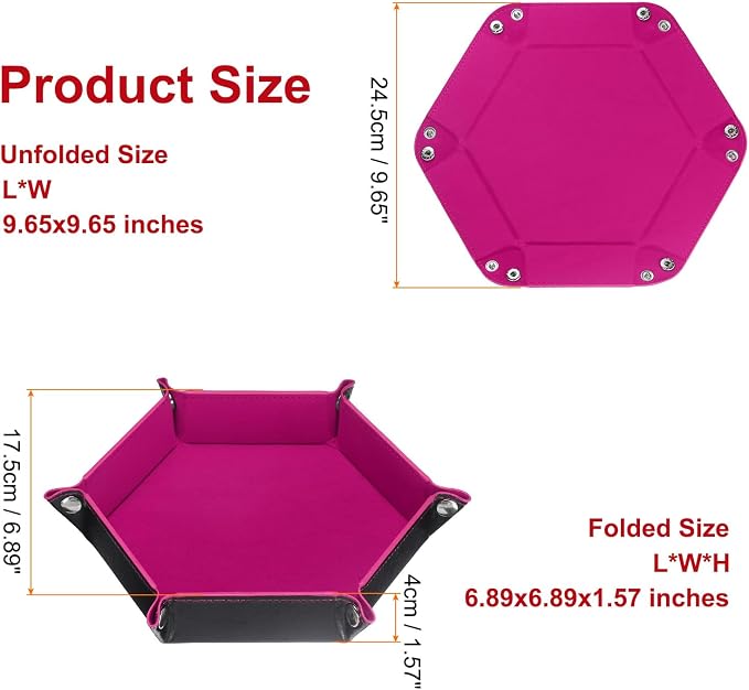 HARFINGTON PU Leather Dice Tray Unisex Valet Tray Folding Hexagon Tray Portable Entryway Table Nightstand Bedside Desk Holder for Key Wallet Watch Coin Jewelry, Rose Red - Image 2