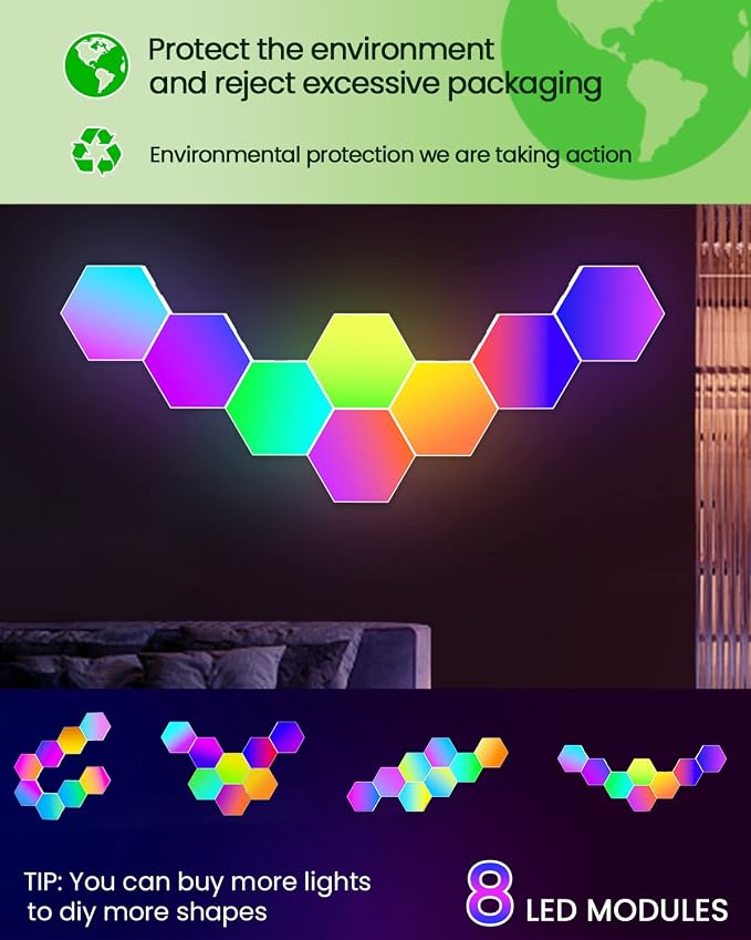 NIUCOO 8 Pack Hexagon LED Lights Wall Panels, Smart RGB Gaming Lights with APP & Music Sync, DIY Modular Hex Tiles, USB-Powered for Autism/Game Room/Party Decor - Image 4