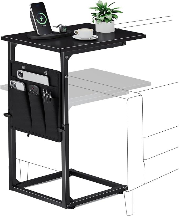 Vagusicc C-Shaped End Table, Small Side Table for Couch, Sofa Table Adjustable Height End Tables Living Room, Bedside Slide Under Couch Table for Sofa, TV Tray Table with Metal Frame for Bedroom,Black by Vagusicc