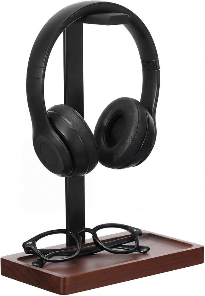 Wood Headphone Stand, Walnut Headset Stand for Desk, Universal Headphone Holder with Storage Base for Gaming, Music Headsets(Dark Brown) by Unknown