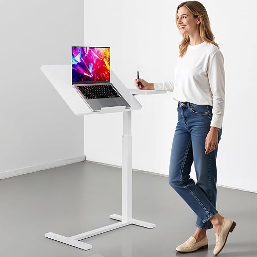 Simple Deluxe Overbed Bedside Table with Hidden Casters, Height Adjustable Desk with Tilting Top, Mobile Rolling Laptop Desk, Standing Rolling Desk Hospital Home Use, White by SimpleDeluxe