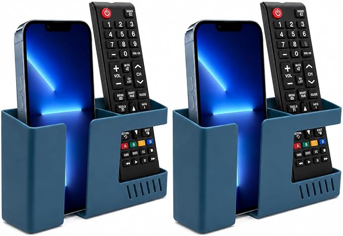 Strong Adhesive Wall Mount Phone Holder D3 Punch-Free Bedside Phone Shelf with Charging Port, Sticky Remote Control Storage Box, Bathroom & Kitchen Wall Organizer (2 Pack-Blue) by Unknown