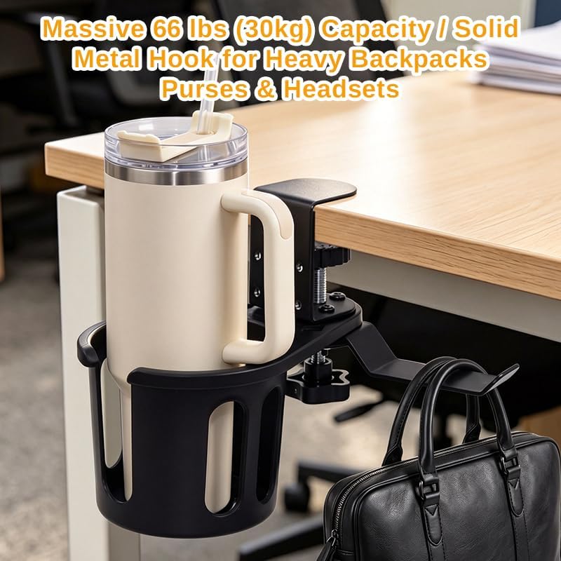 Desk Cup Holder, Clip-On Clamp for Gaming Desks, 360° Swivel Headphone Hook - Image 6