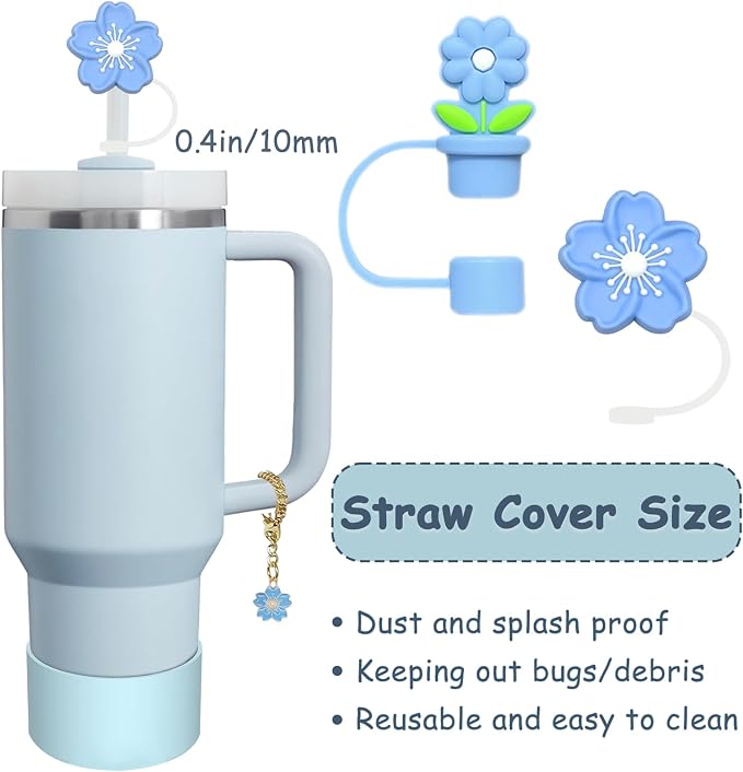 Stanley Cup Accessories Set,Including 2 Pcs 0.4in Straw Cover, 1 Silicone Spill-Proof Stopper Set of 3, 1 Cute Flower Handle Charm, 1 Silicone Boot Fits Stanley 40&30 Oz Tumbler (Blue) - Image 2