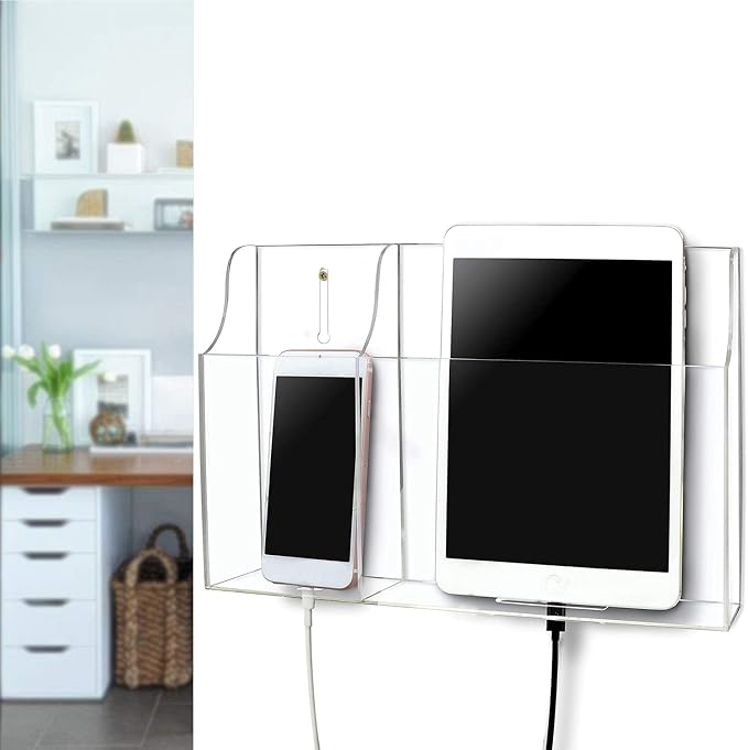 Clear Wall Tablet Holder Acrylic Wall Mounted Phone Holder for iPad, Remote Control Holder Laptop Stand for eReader Storage Caddy with Charging Holes for Kindle iPhone - Image 7