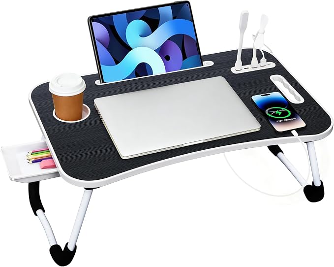 Portable Bed Desk, Foldable Laptop Desk with 4 USB Charge Port/Cup Holder/Tablet Slot/Storage Drawer, Folding Lap Table for Working, Writing, Drawing and Eating (Black) by WGCTEK
