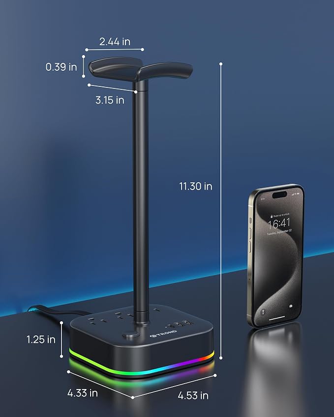 TROND Headphone Stand with USB C, Desk Gaming Headset Holder with 3 AC Outlets, 2 USB-A and 1 USB-C, Headset Stand with 5 RGB Light Modes, for Gaming Desk Accessories Gamer Boyfriend Gifts | 2 USB A and 1 USB C, Headset Stand with 5 RGB Light Modes, fo... - Image 7