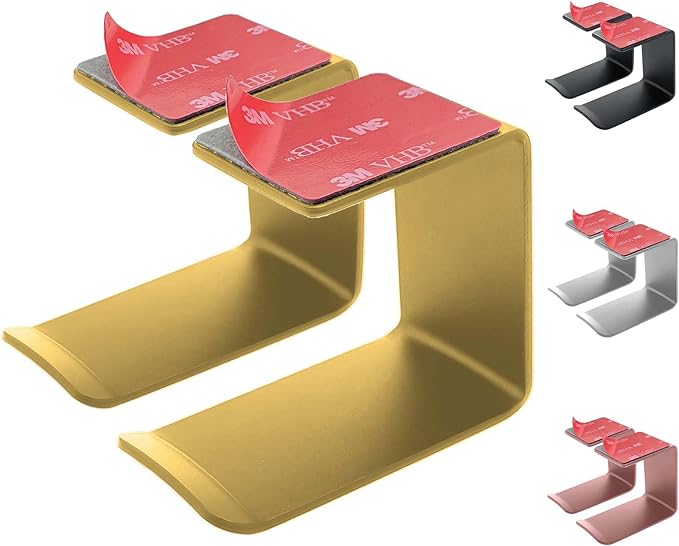 Aluminum Under-Desk Headphone Hanger with Strong Adhesive (2 Pack, Gold) by MtJun