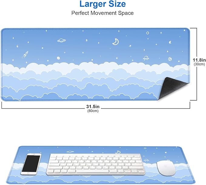 IMAYONDIA Cute Pastel Blue Desk Mat, Aesthetic Stars Moon Desk Pad, Kawaii Anime Deskmat, Gradient White Clouds Computer Pad, Minimalist Large Gaming Mouse Pad Mousepad, 31.5 X 11.8 Inch - Image 2