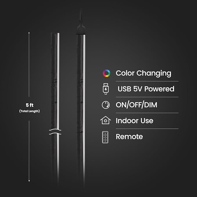 Feit Electric LED Light Strip Color Changing Strip Lights - Dimmable RGB USB with Remote - 5 ft - Image 2