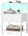 BOLUO White Nightstand with Charging Station, LED Night Stand with Fabric Drawers and Shelf, Bedside Table with USB Ports and Outlets, Bedroom Nightstand Modern by BOLUO