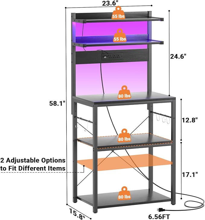 Aheaplus Bakers Rack with Power Outlet & RGB LED, 5-Tiers Coffee Bar Table - Image 7