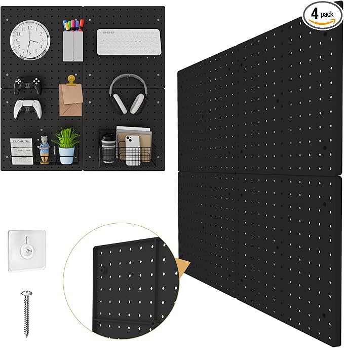 FZK Plastic Pegboard Wall Organizer Kit, 12x12, 4 Pack, Black | Durable ABS material, compatible with 1/4"and 1/8" pegboad accessories, includes adhesive or drill installation accessories by FZK