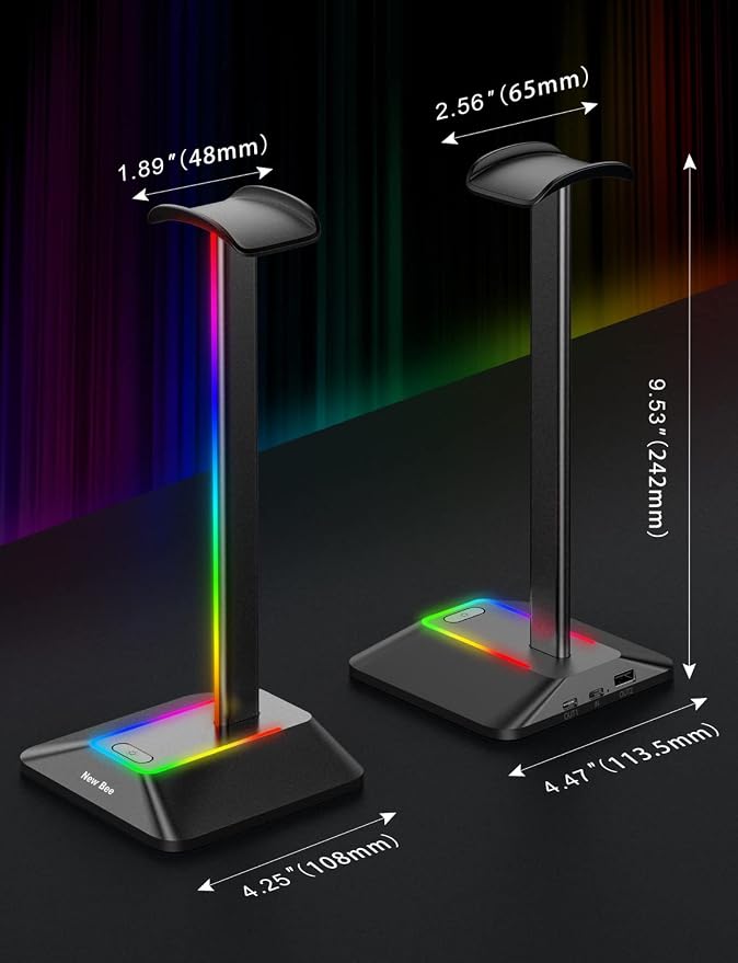 New Bee Headphone Stand with RGB Lighting, Sturdy Aluminum Gaming Headset Holder with USB-C & USB Charging Ports, Stable Desktop Earphone Stand for All Headphones Size, Black | USB-C & USB Charging Ports, Stable Desktop Earphone Stand for All Headphone... - Image 5