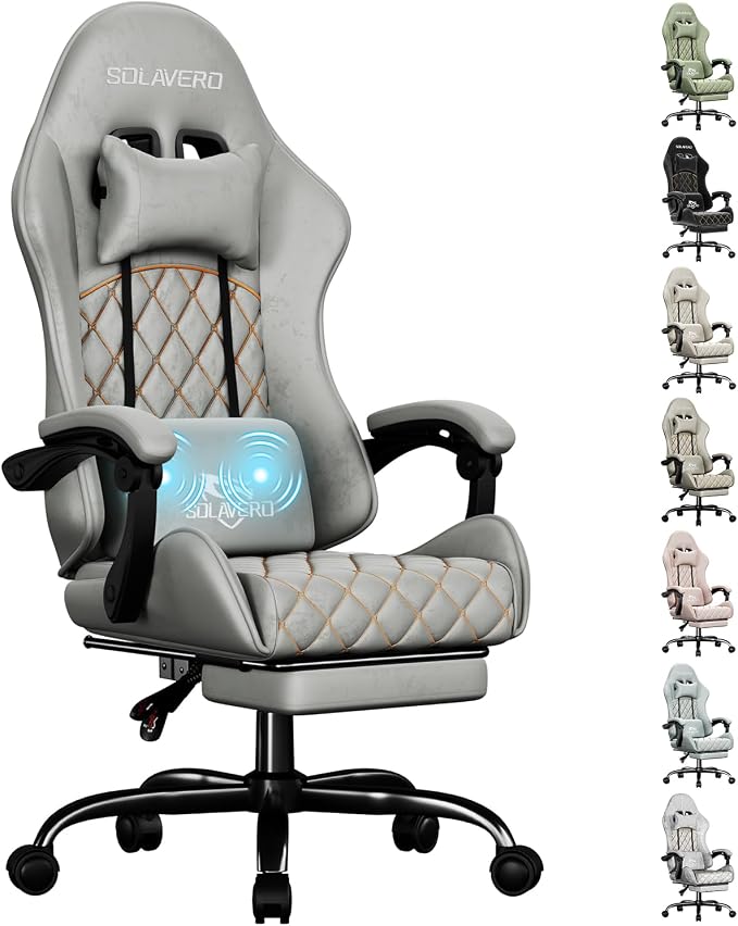 HLDIRECT Massage Recliner Gaming Chair with Footrest for Adults, Light Grey | 300lbs Capacity, Ergonomic Office Computer Chair, Lumbar Support, Breathable Fabric, Headrest, 360° Swivel, Metal Frame by HLDIRECT