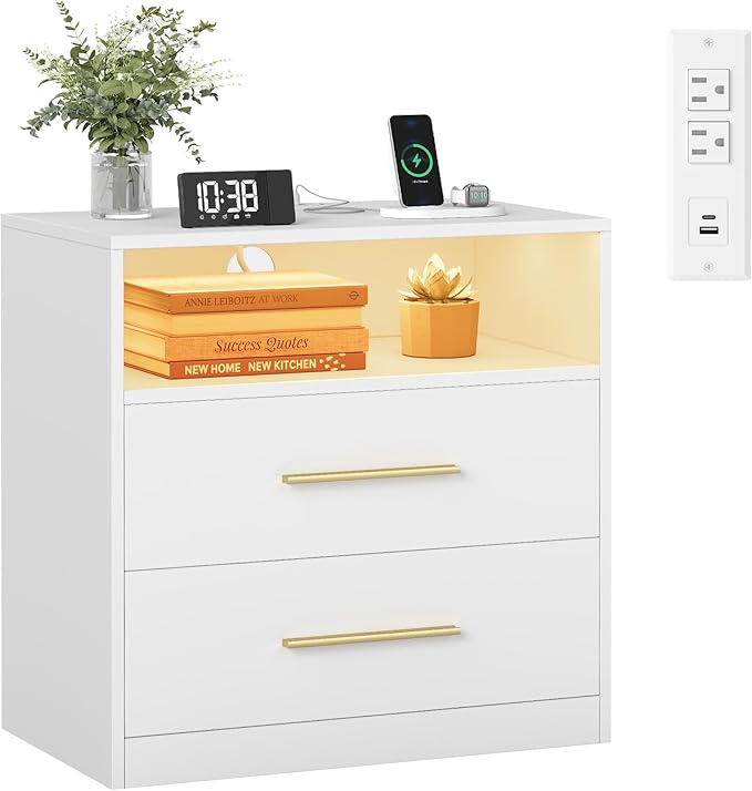 VASAGLE 23.6 Nightstands, LED Lights, Charging Station, 2 Drawers by Unknown