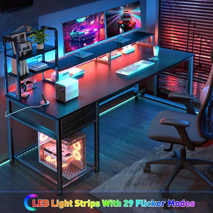 EnHomee 55 Inch Gaming Desk with Hutch and Drawers,Reversible Computer Desk with Monitor Shelf,Home Office Desks with USB Power Outlets and Storage,Pc Work Desk for Office with LED Lights,Black - Image 5