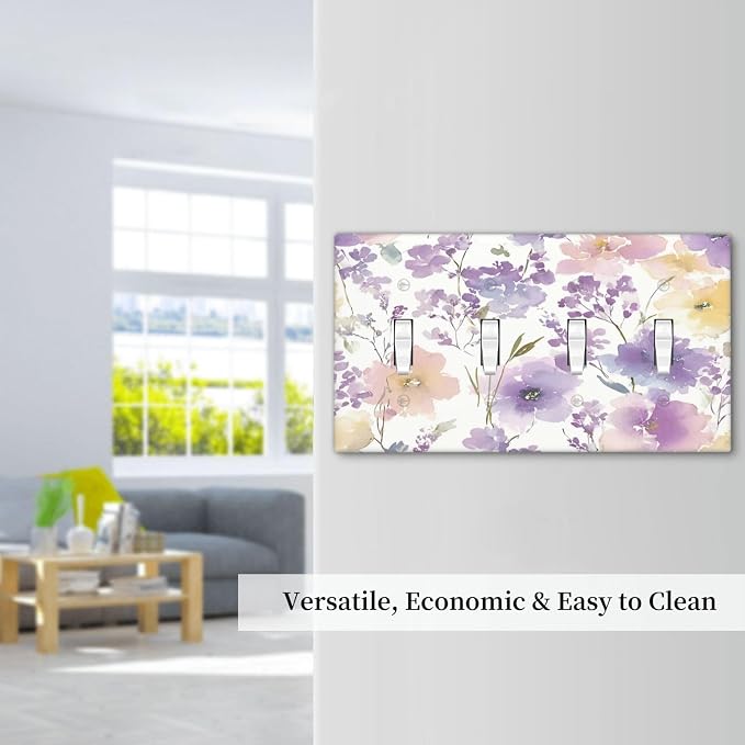 Decorative Switch Plate Covers Purple Floral Watercolor Wildflower 4 Gang Light Switch Cover Plate Quad Toggle Wall Plate 4 Hole Electrical Switchplatedimmer Faceplate for Bedroom Decor - Image 7