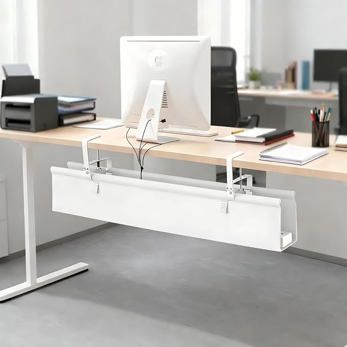 Oxford Cloth Under Desk Cable Management Tray,No-Drill 36" Desk Cable Management Organizer with Clip/Screw Installation,Fabric Cable Management for Home,Office & Gaming Computer(White) - Image 7