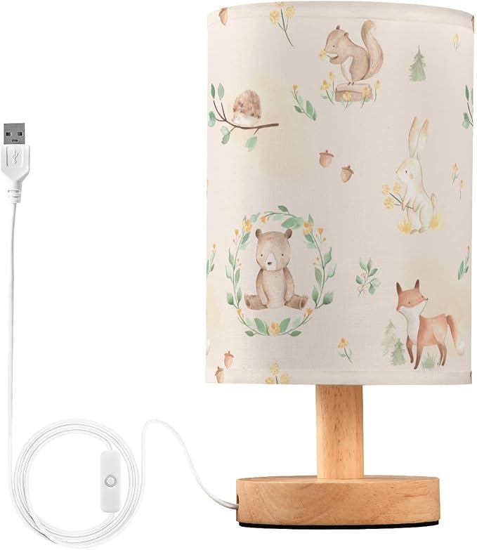 Bedside Table Lamp Woodland Animals Nightstand Lamp with Wood Forest Rabbit Deer Hedgehog Floral Desk Lamps for Bedroom Living Room Nursery Office Home Decor by Oarencol