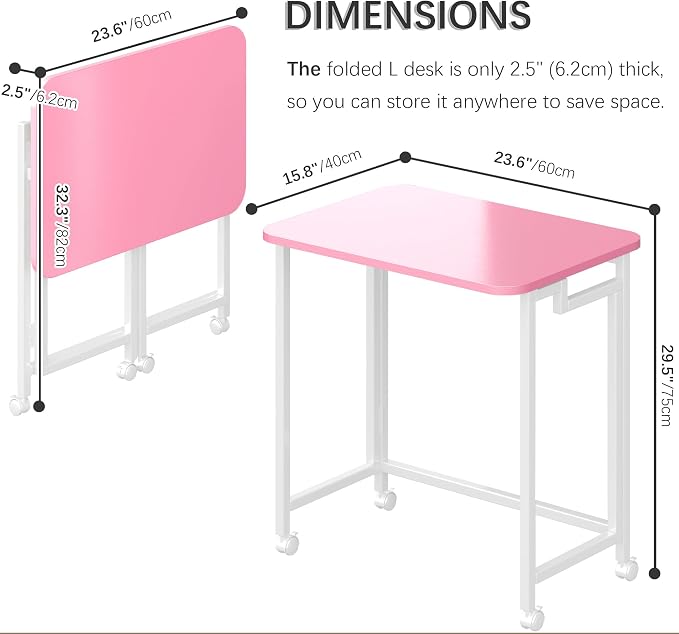 4NM 23.6" Mobile Small Rolling Computer Desk, Folding Laptop Cart Table with Wheels, Portable Office Desk for Small Space Couch Bed - Pink and White - Image 2