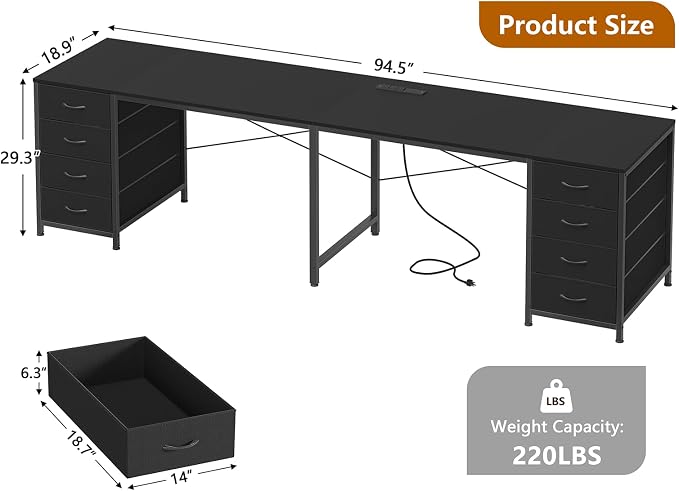 95" 2 Person Desk with 8 Fabric Drawers for Home Office, Living Room - Image 2