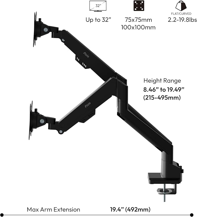 Pixio PS1D Wave Black Dual Monitor Arm Stand Desk Mount - Fits up to 32 inches Monitors and up to 19.8lbs. VESA Compatibility and Integrated Cable Management - Image 4