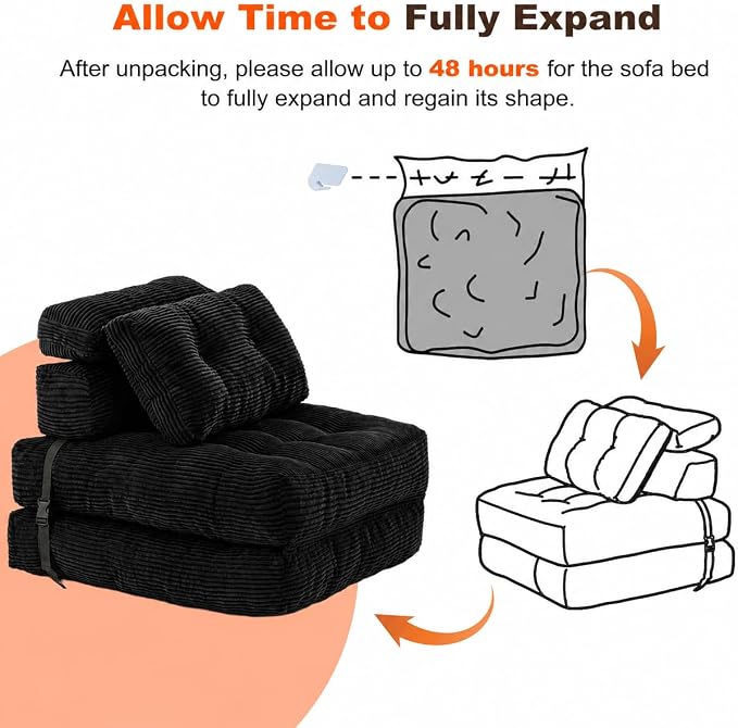 King Oasis Folding Sofa Bed, Corduroy Chair Bed with Pillows | 3-in-1 Fold Out Floor Sofa Couch with Headrest and Lumbar Pillows，for Living Room, Bedroom, Apartment, Dorm, Black - Image 6