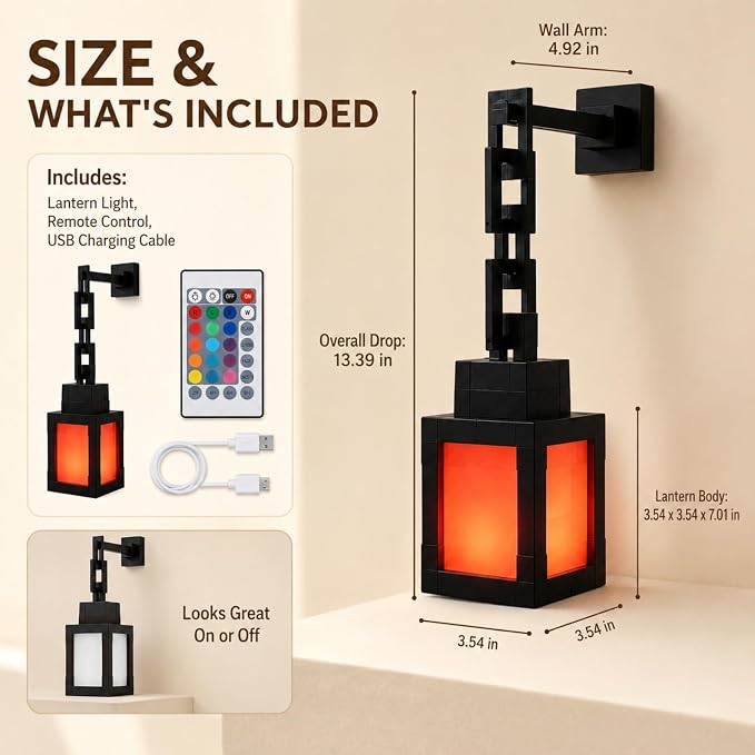 Pixelated Lantern RGB Night Light, 16 Color Rechargeable LED Wall Lamp with Remote, Secure Screw Mount, Block Style Hanging Lantern Decor for Game Room, Bedroom, Desk & Gaming Setup - Image 2