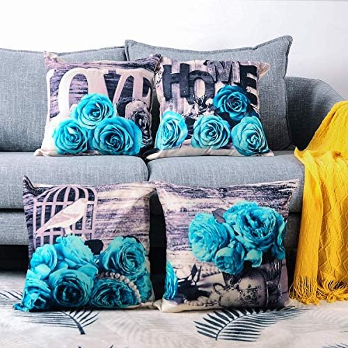 Turquoise Throw Pillow Covers 20x20 Set of 4, Teal Grey Aqua Blue Flower Pillow Cover Rose Pillowcase for Couch Sofa Floral Cotton Linen Accent Square Cushion Cases Bedroom Living Room Outdoor Decor - Image 2
