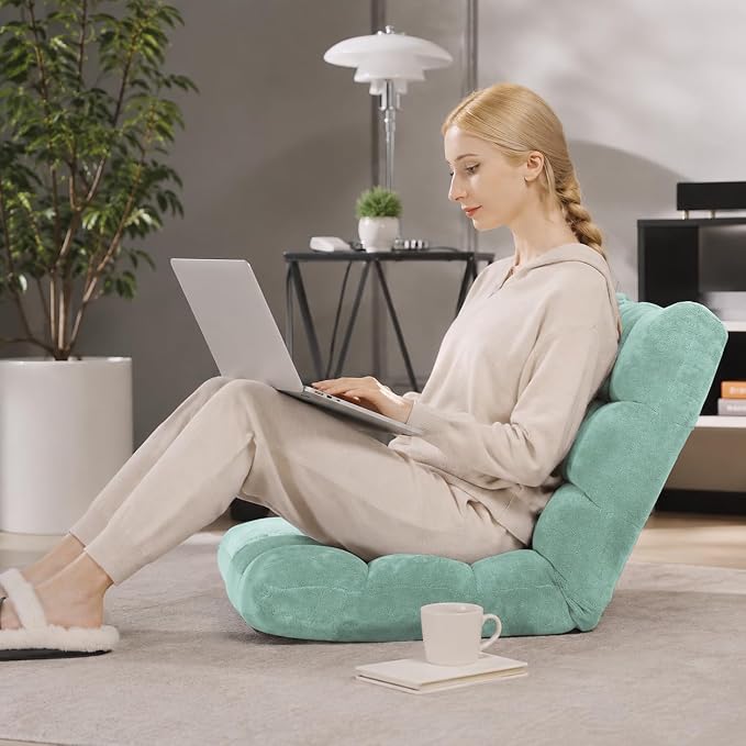 Folding Floor Chair with Back Support, Floor Seat, Lazy Sofa Chair | 14 Adjustable Position, Soft Coral Fleece, Thick Foam, Steel Frame Gaming Chair for Adults, Meditation, Living Room (Green) - Image 9