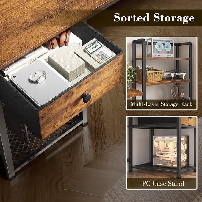EnHomee 55" Reversible Computer Desk, Hutch, USB & LED, Rustic Brown - Image 4