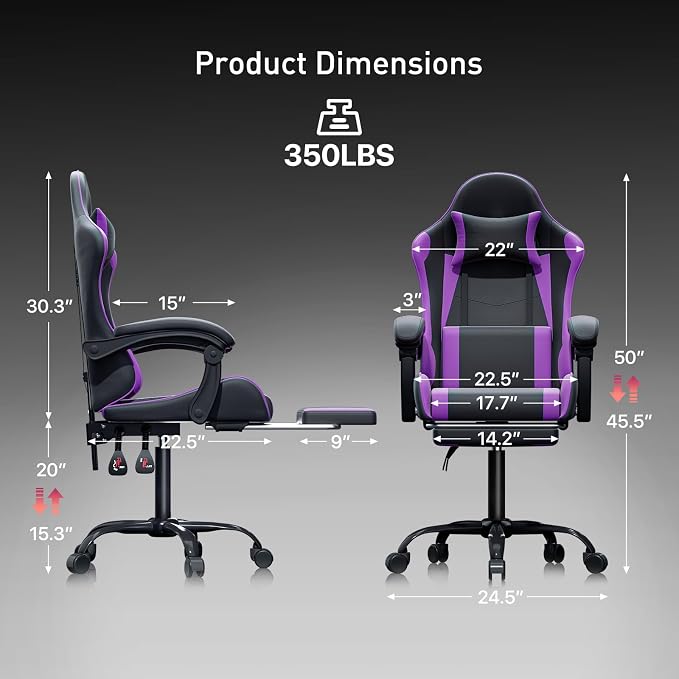 MoNiBloom Gaming Chair, Footrest & Lumbar Support, Height Adjust, Purple | Headrest & Lumbar Support, Ergonomic Computer chair, for Adult Teen Office or Gaming,Swivel game chair, leather gaming chair - Image 3