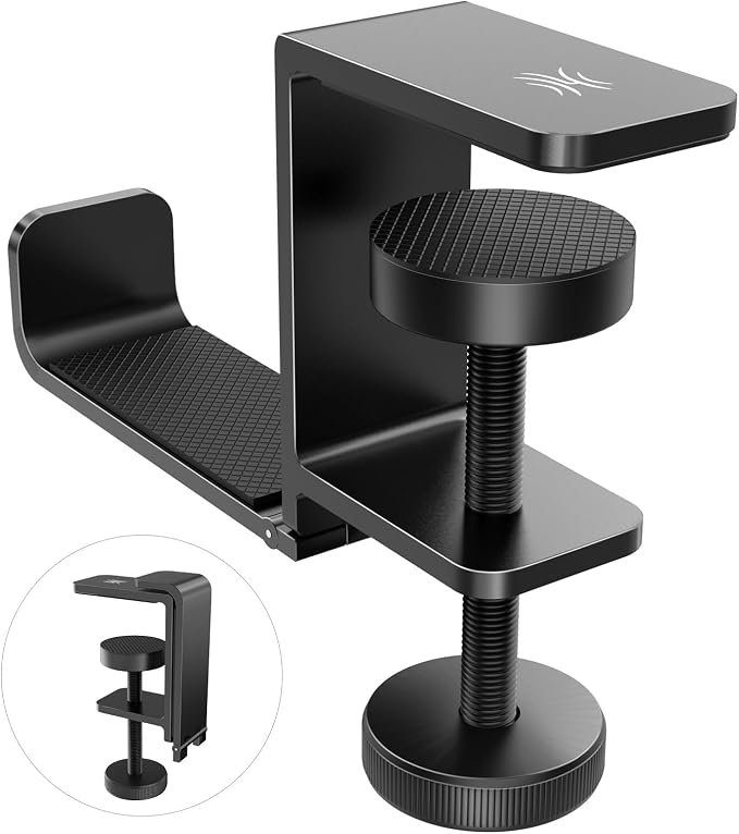 OneOdio MTL99 Foldable Headphone Stand, Metal Headset Holder Space-Saving Table Hook, Clamp-on Under Desk Hanger, Universal Fit Gaming Headphones Mount, Black by OneOdio