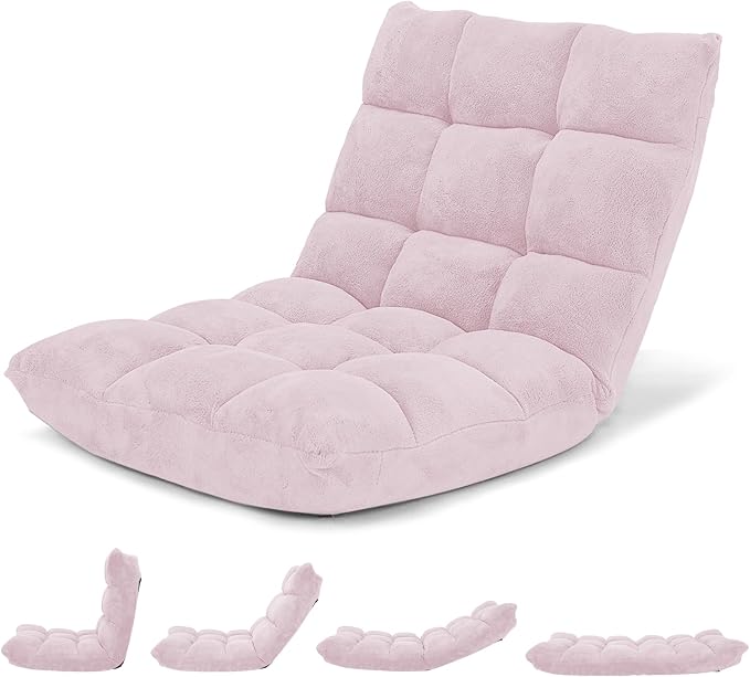 GIANTEX Floor Chair with Back Support, 14 Adjustable Position, Padded Sleeper Bed, Couch Recliner, Gaming Floor Chairs for Meditation, Adults, Living Room, Gaming Chair Floor, Light Pink by Giantex