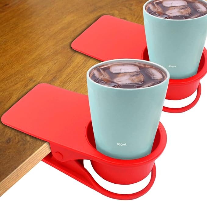YOY 2 Pack Drink Cup Holder Clip - Table Desk Side Water Glass Beer Bottle Beverage Soda Coffee Mug Holder Cup Saucer Clip Design for Home Office, Red - Image 2