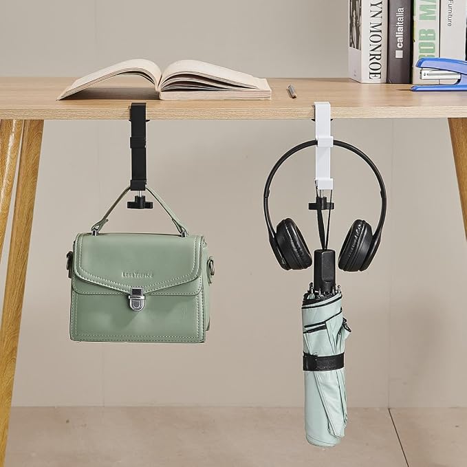 KISOY Modern Table Purse Hook, Under-Desk Accessory Hanger, Black and White Clamp-On Design for Bags, Headphones and Keys (Style4(White-Double-Hook), 2) - Image 9