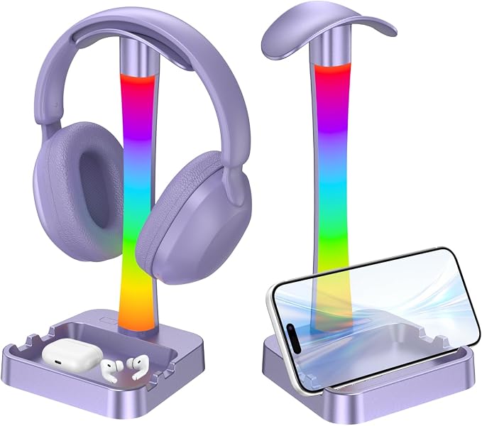 Headphone Stand with Charger,Gaming Headset stand with RGB Light Mode,For Airpod Max Stand,Desk Lamp,Phone Holder,Tablet Holder,desktop organizer,Gifts for Gamers & Music Lover (Purple) by Unknown