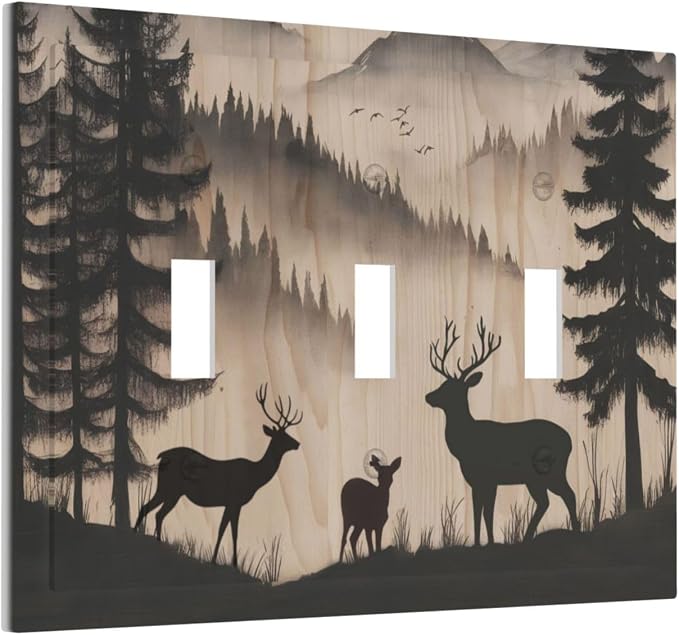 Decorative Light Switch Cover Plate Rustic Black Deer Elk Brown Wood Board Pine Tree 3 Gang Wall Plate Triple Toggle Switch Plate Covers 3 Hole Electrical Switchplate Dimmer Faceplate Decor - Image 2